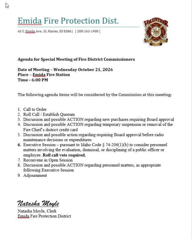 Emida Fire Protection District Special Meeting